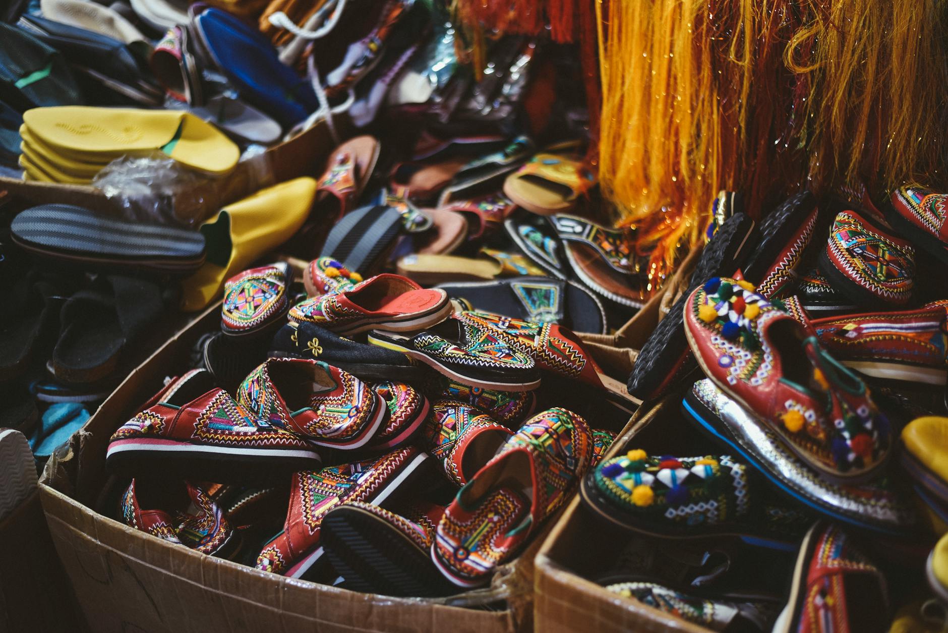 Traditional Moroccan shoes on display in Agadir market