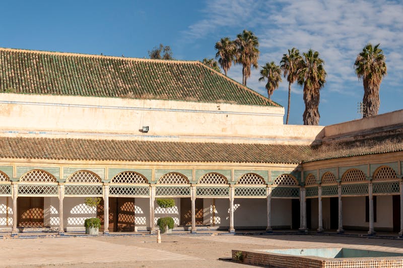 Luxury Moroccan riad courtyard with ornate tiles