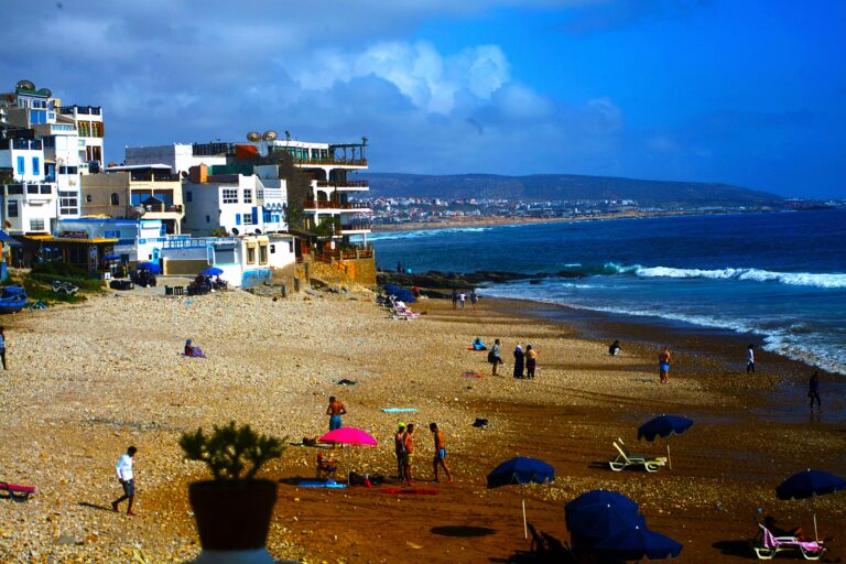 Taghazout hotels facing the beach and fishing-village shoreline