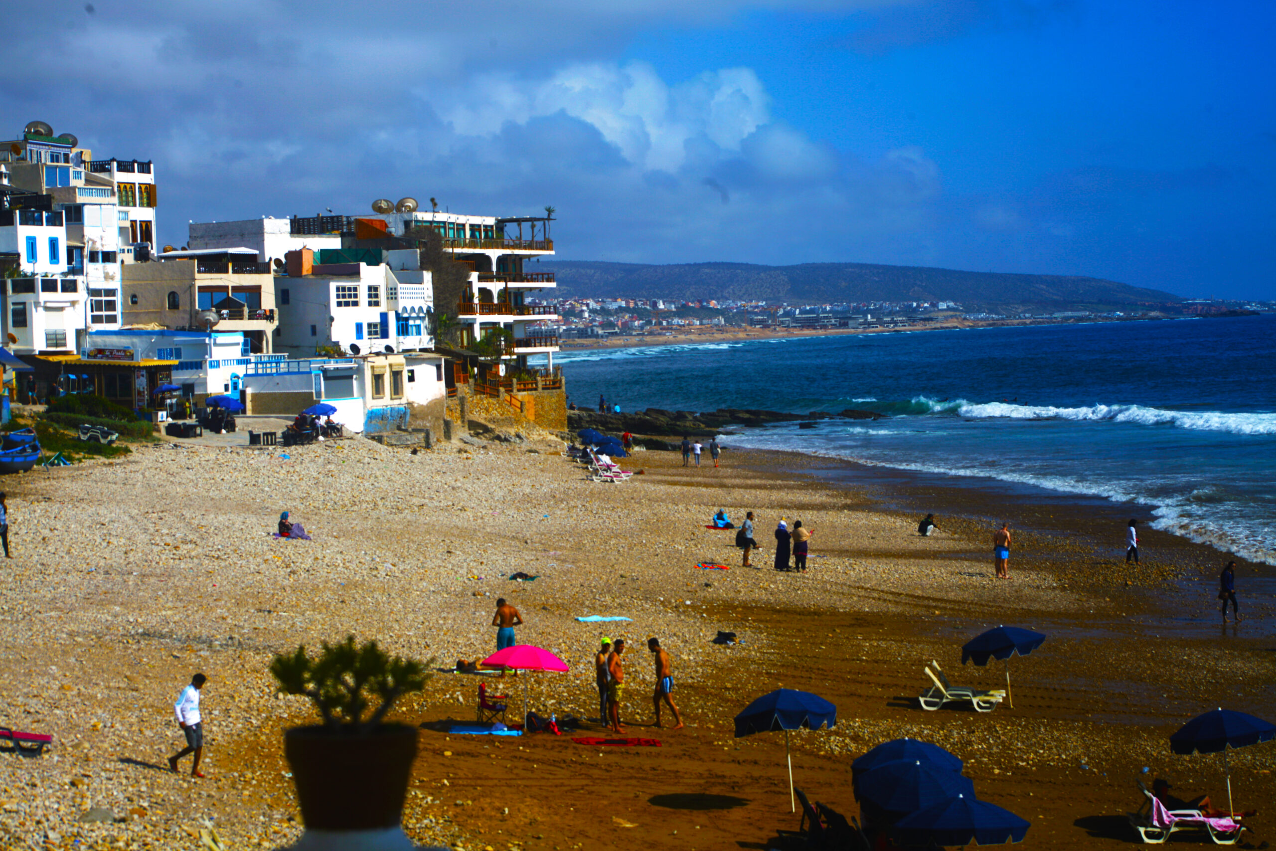 Taghazout hotels facing the beach and fishing-village shoreline