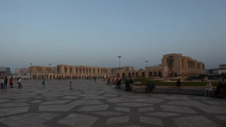 Hassan II Mosque in Casablanca seen from the oceanfront plaza, the third-largest mosque in the world