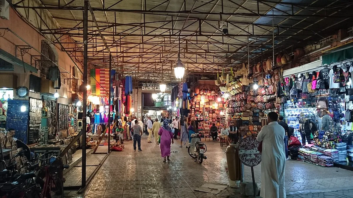 Djemaa el-Fna night market in Marrakech with food stalls and crowds
