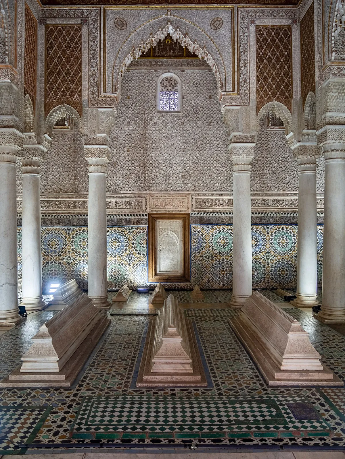 Main mausoleum chamber of the Saadian Tombs in the Marrakech Casbah with intricate zellige tilework