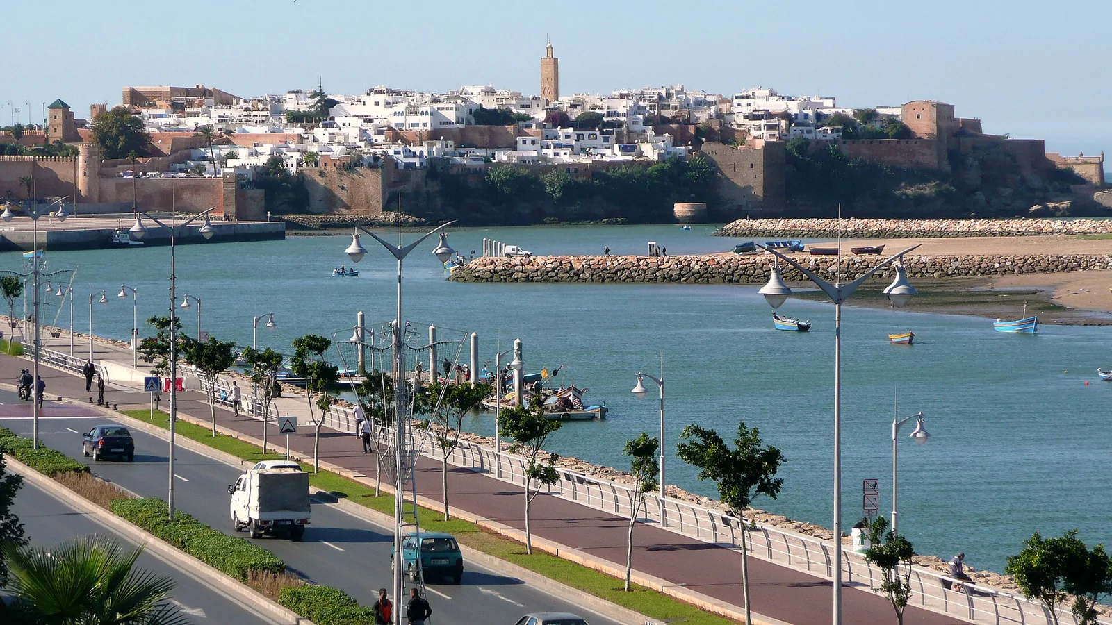 Kasbah des Oudayas in Rabat with whitewashed alleys painted blue, on a cliff above the Atlantic