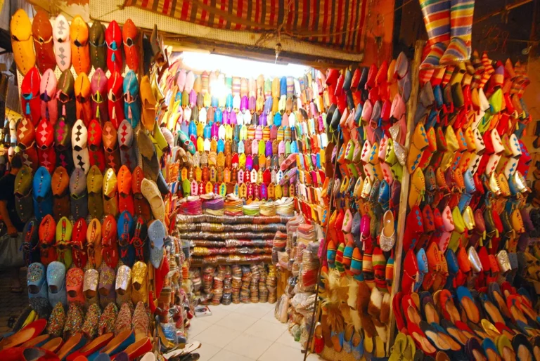 Colourful shoes in a Marrakech souk shop, Morocco