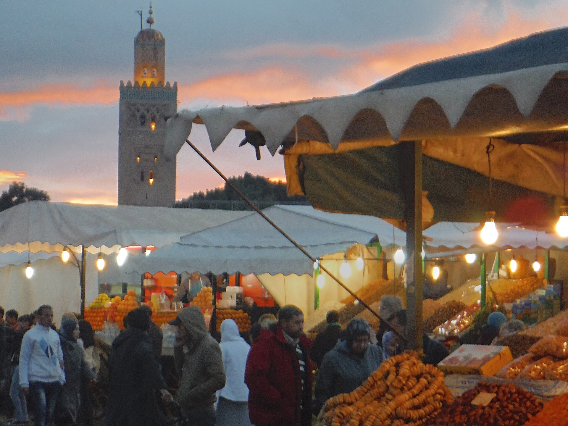 Fruit and juice stalls on the Jemaa el-Fnaa square in Marrakech